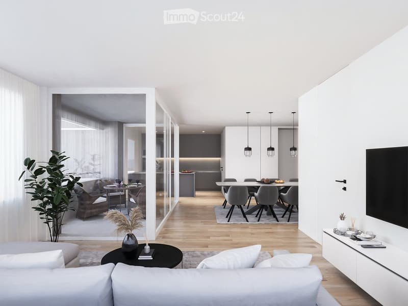 modern design, open floor plan, white walls, wooden floors, large windows, dining table and chairs, modern lighting, black sofa, and white pillows, table, plants, and television