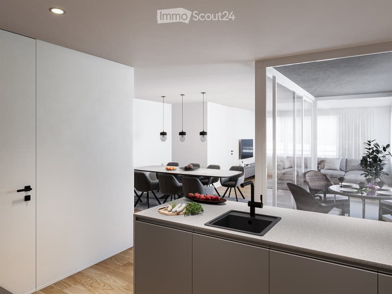 Contemporary kitchen with dining area, granite countertops, black sink, pendant lighting, glass doors, wooden flooring