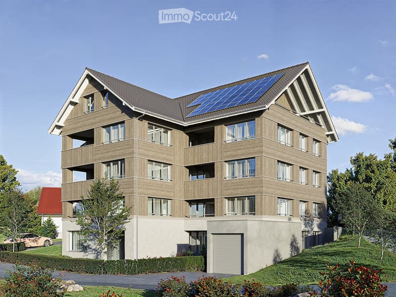 Apartment building, multiple floors, wooden panels, solar panels on the roof, garage