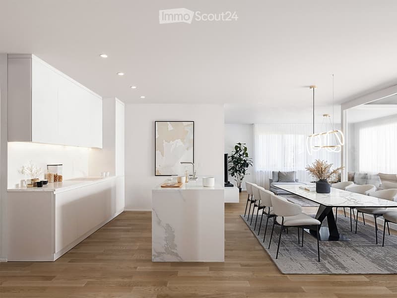 Modern, minimalistic kitchen with marble countertops, wooden floors, and a dining area