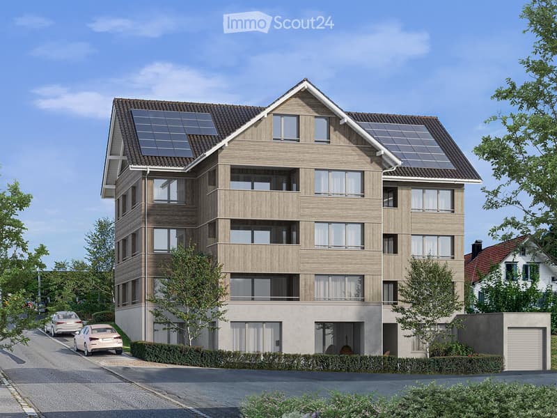 3 story apartment house, solar panels on the roof, driveway