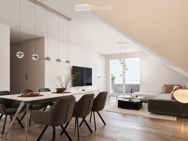 seating for six at the dining table, sofa, rug, coffee table, television, glass door leading to a balcony, lamps