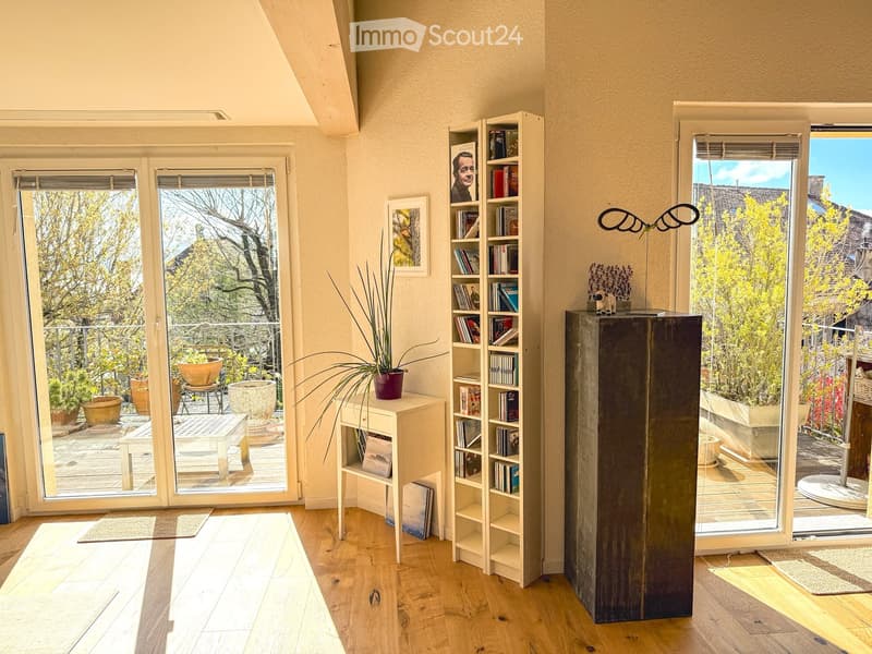 wooden floor, large windows, balcony, bookshelf, plant, picture frame, table, cabinet