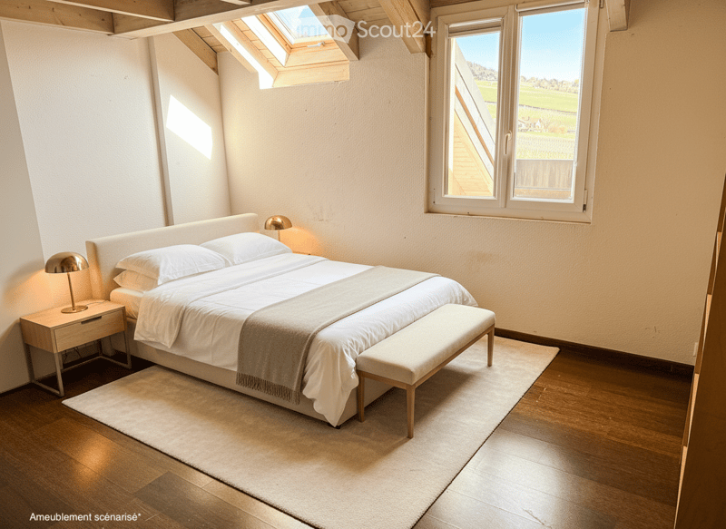 Bedroom with a bed, nightstands, lamps, rug, and windows with a view