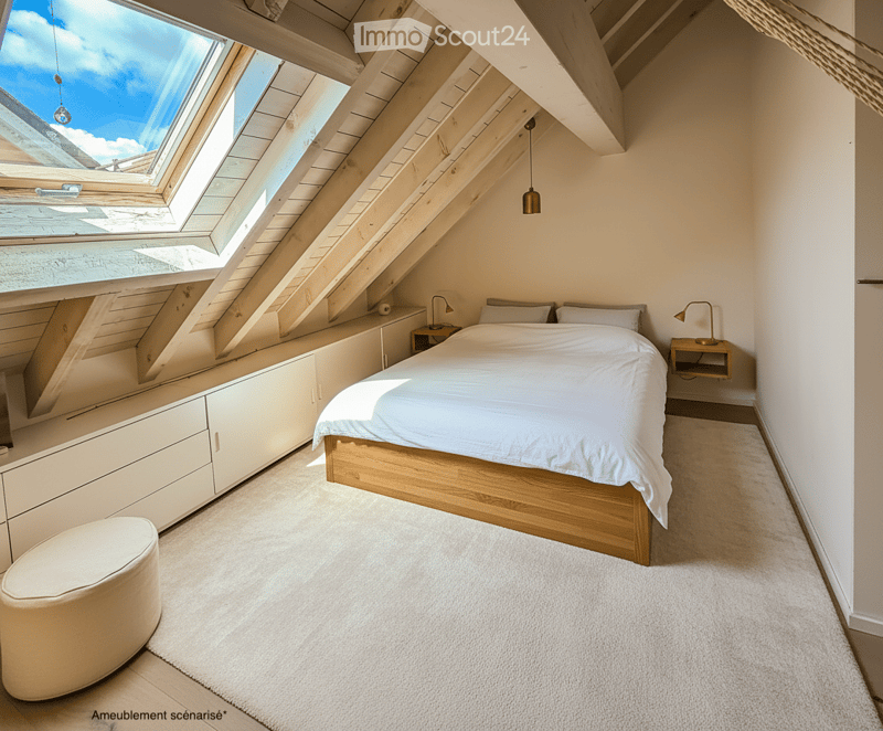 bedroom with wooden bed, white bedding, white walls, white carpet, white ottoman, wooden ceiling, skylights, nightstands with lamps, built-in cabinets