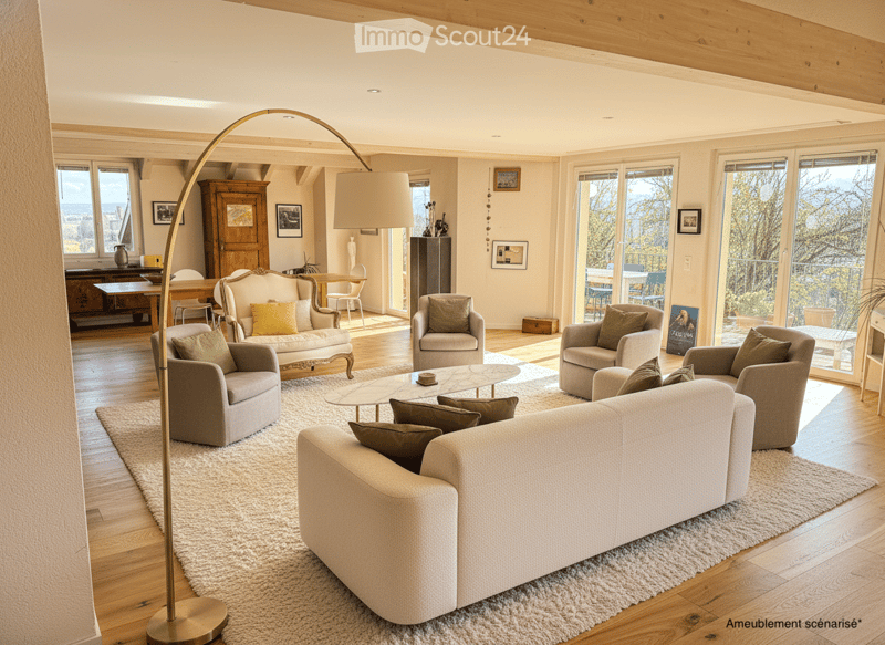 large living room, white couch, coffee table, armchairs, carpet, wooden floor, large windows, balcony