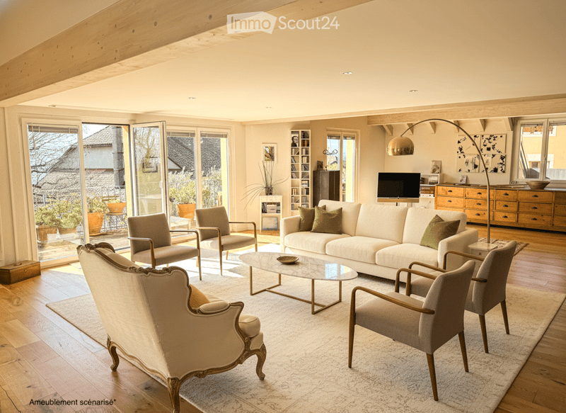 large windows, white couch, coffee table, armchairs, wooden floor, wooden ceiling