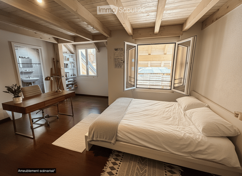 bedroom with bed, desk, chair, rug, potted plant, windows, wooden ceiling
