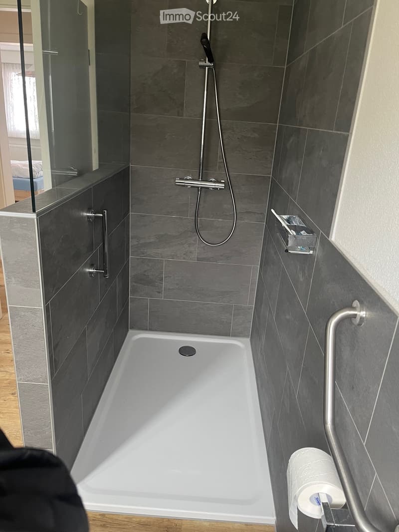 Bathroom. Modern bathroom with a bathtub, showerhead, and a toilet paper holder. The walls are tiled in dark grey, and there is a handrail for support.