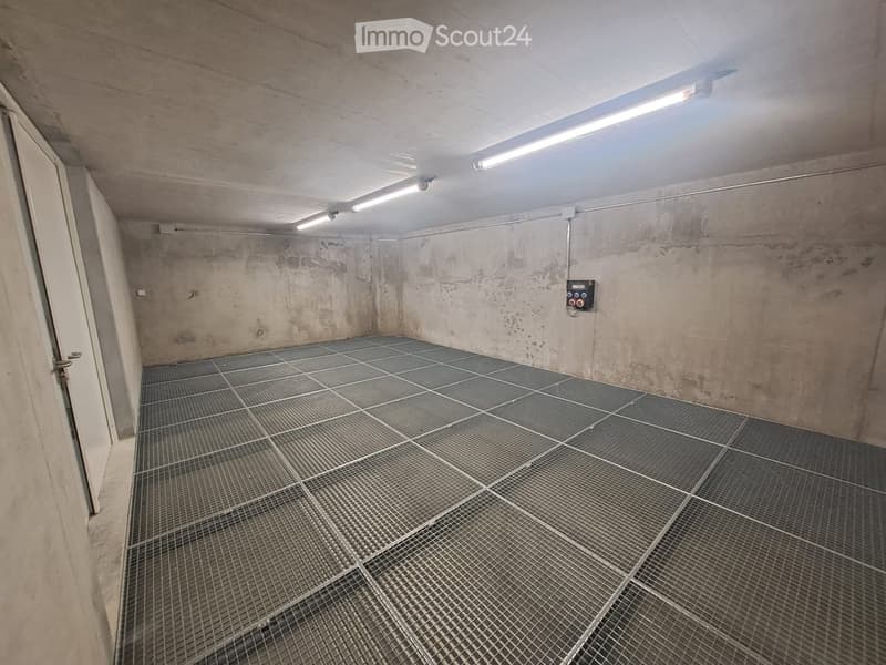 Empty basement or utility room with concrete walls, metal grated floor, fluorescent lighting, and a single door.