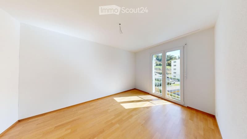 white walls, hardwood floors, sliding glass door with balcony, white ceiling