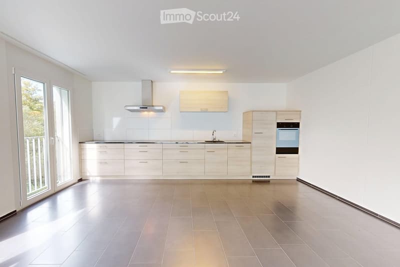 Empty kitchen with glass door, wooden tiled flooring, cabinets, sink with faucet, oven, extractor hood