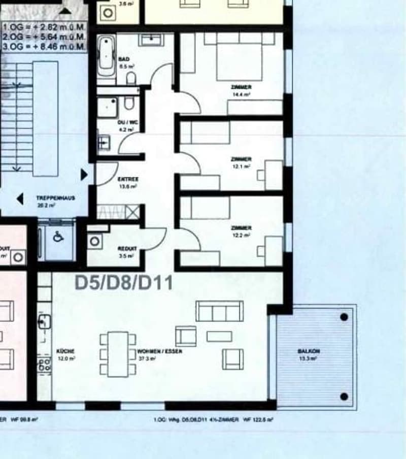 Floor plan with living room, bedrooms, bathroom, kitchen, balcony, entrance, stair