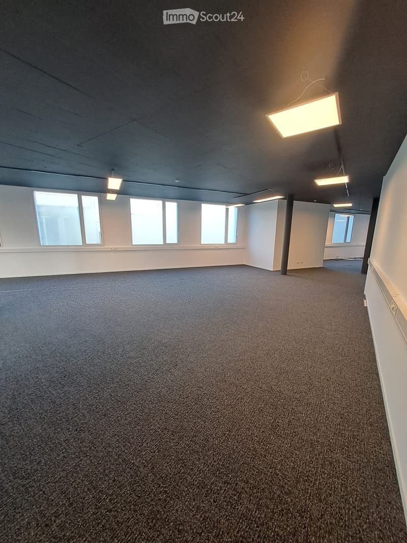 Empty room with grey carpeted floor, white walls, large windows, and overhead lighting fixtures.