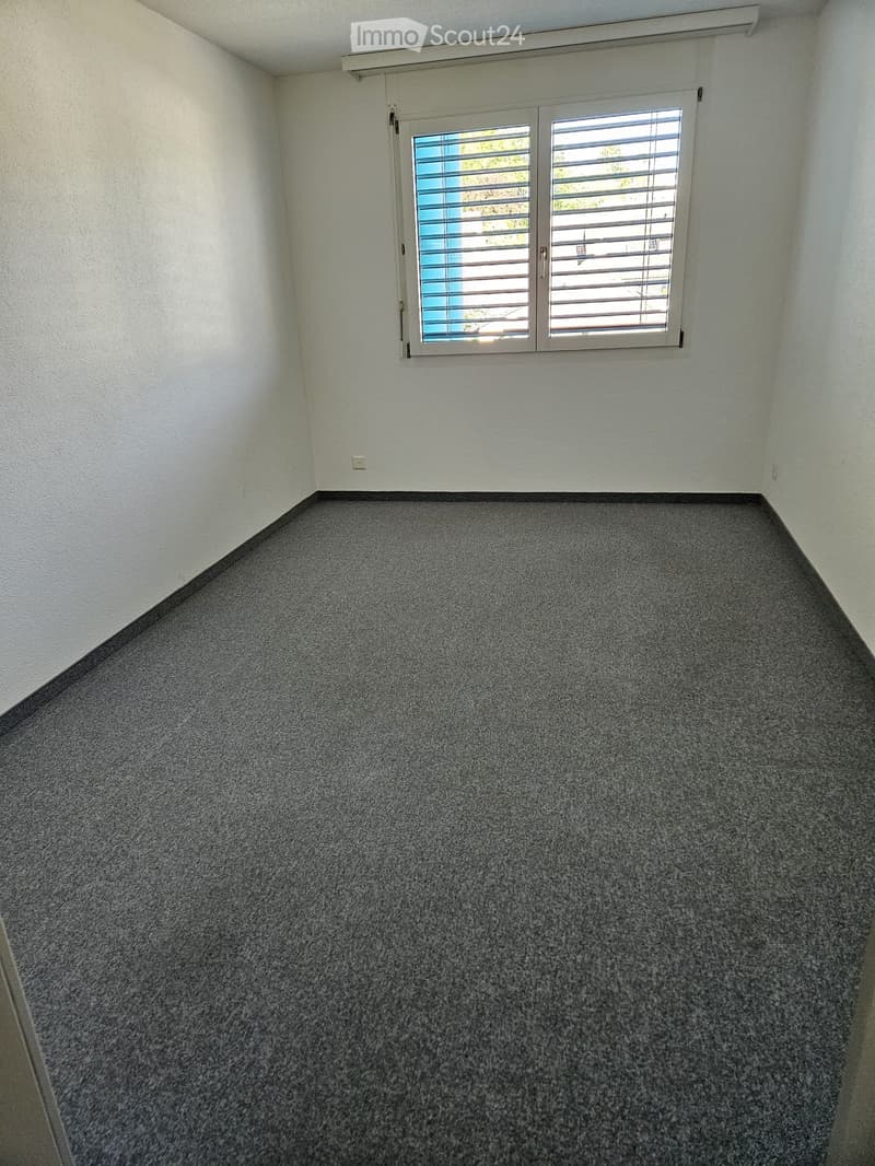 Empty room with grey carpet flooring and white walls, featuring a window with blinds and a power outlet on the wall.