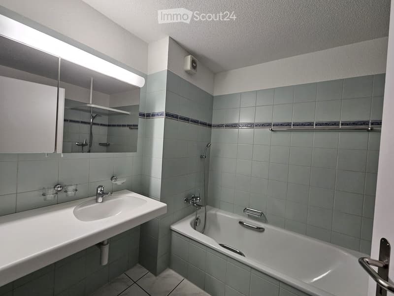 Modern bathroom with a white sink, bathtub, large mirror, and tiled walls.