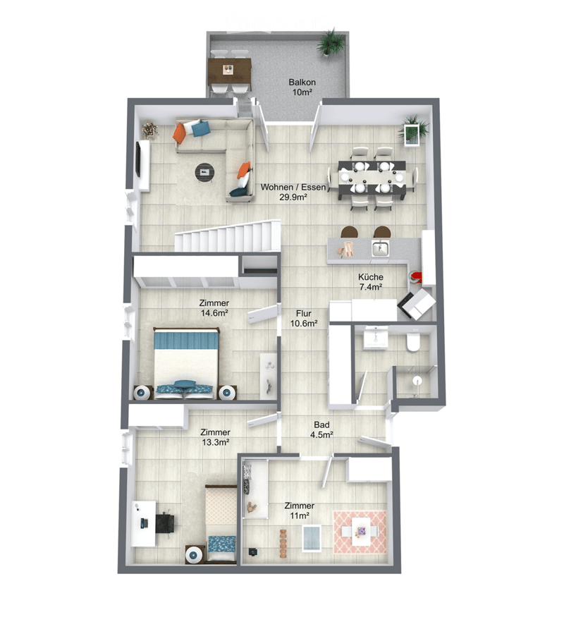 Floor plan of a 3-bedroom apartment with living/dining area, kitchen, hallway, and balcony.