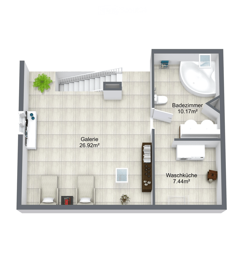 Floor plan showing a gallery area, bathroom, and laundry room. Includes a staircase, fireplace, and various appliances.