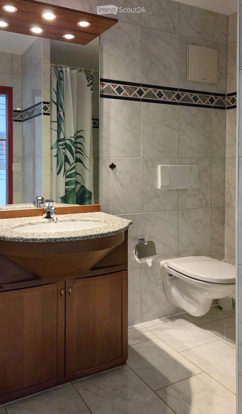 Modern bathroom with a granite countertop sink, wooden cabinet, toilet, and decorative tiles. Features a large mirror with built-in lighting and a shower curtain with a leaf design.