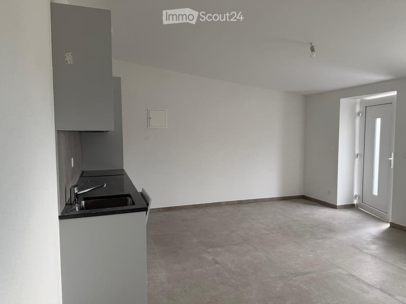 Unfurnished Room. Empty kitchen with tiled floor, white walls, grey cabinets, and a sink with a faucet. No furniture or appliances are present.
