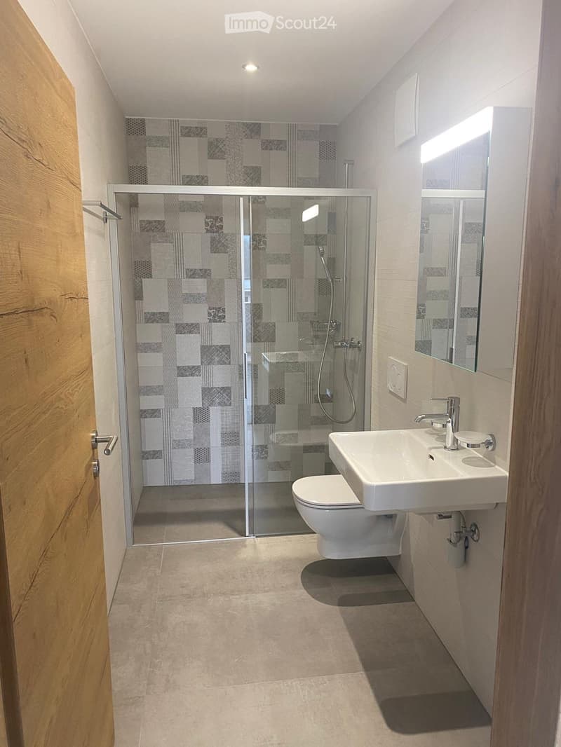 modern bathroom with shower, toilet, sink, wooden door, tiled floor, mirror, light