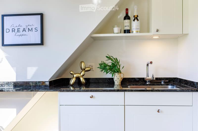 Modern kitchen with white cabinets, dark countertop, sink, faucet, framed artwork, plant, and decorative items on shelves.