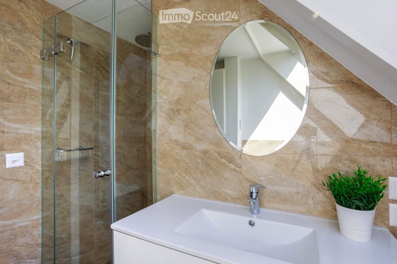 Modern bathroom with beige tiled walls, a white sink with a chrome faucet, a round mirror, a glass-enclosed shower, and a small potted plant on the sink counter.