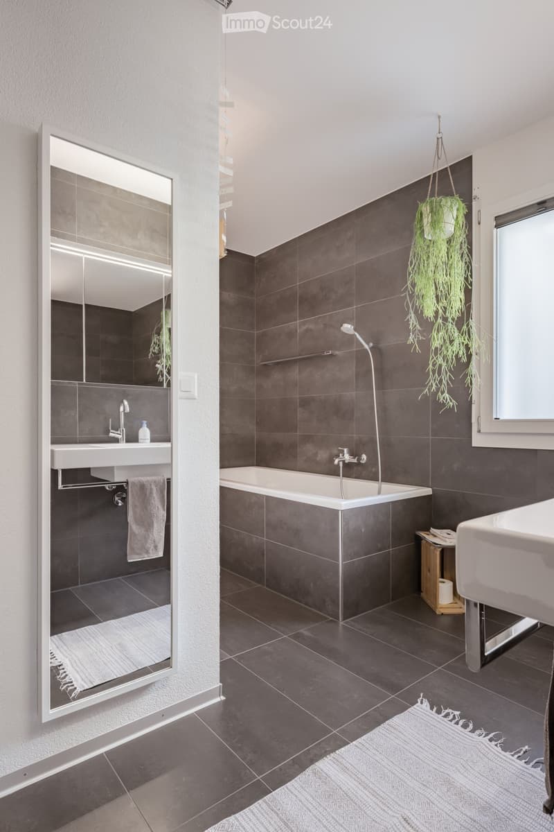 Modern bathroom with gray tiles, white sink, mirror, and bathtub. A hanging plant and a rug add to the decor.