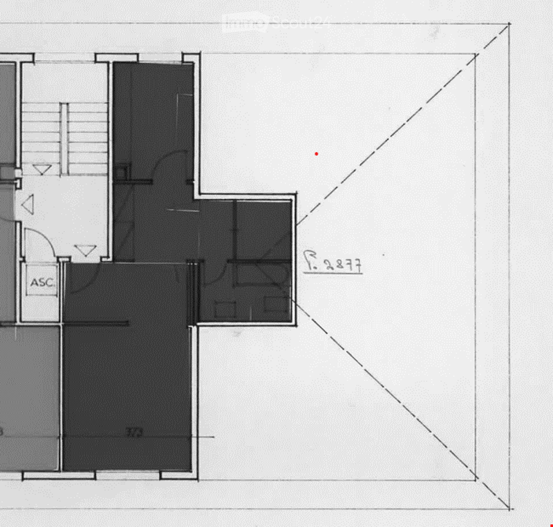 Floor plan of a multi-room layout including a living area, bedroom, bathroom, and hallway.