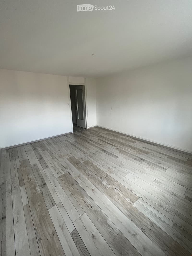 Empty room with light grey wooden flooring and white walls, featuring a doorway leading to another space.