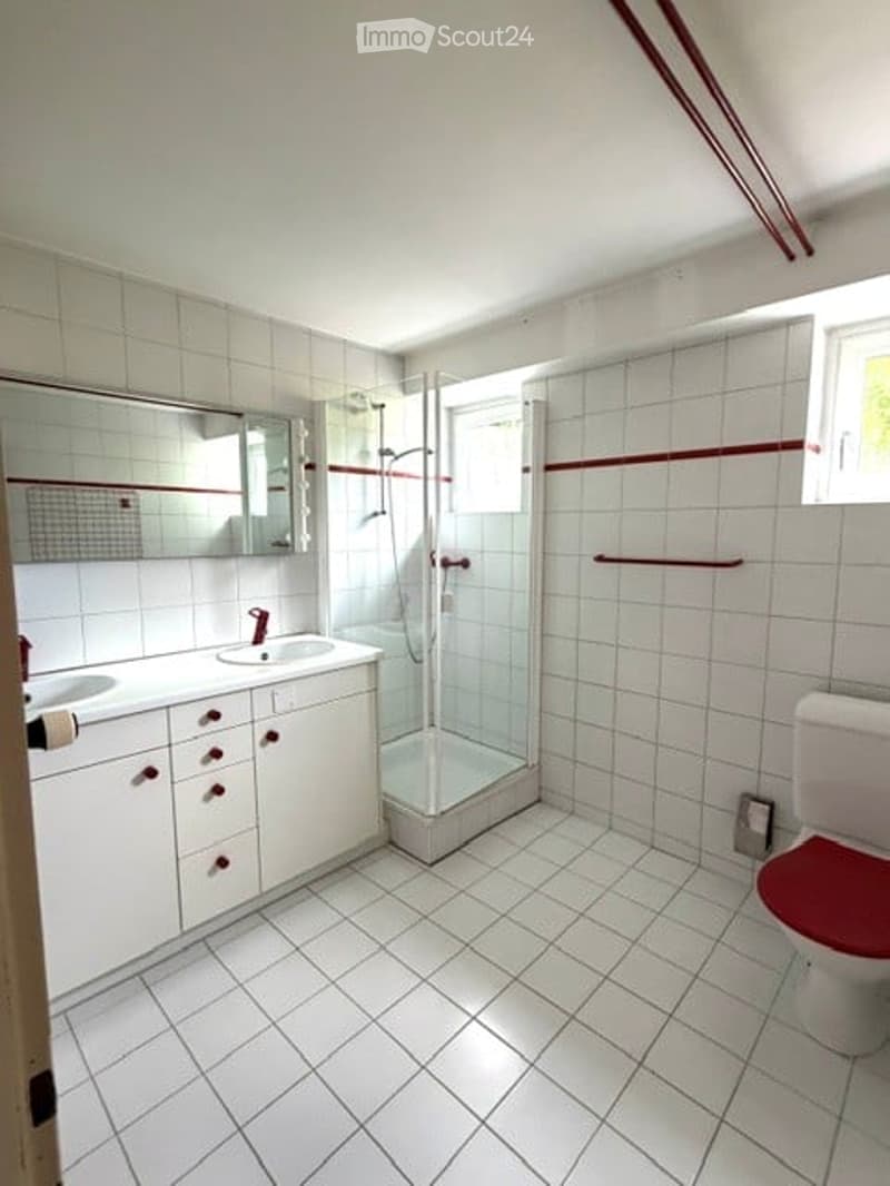 Bathroom. Modern bathroom with white tiles, a red accent border, a glass-enclosed shower stall, a white toilet with a red seat cover, a double sink vanity with a mirror, and a cabinet with red handles.