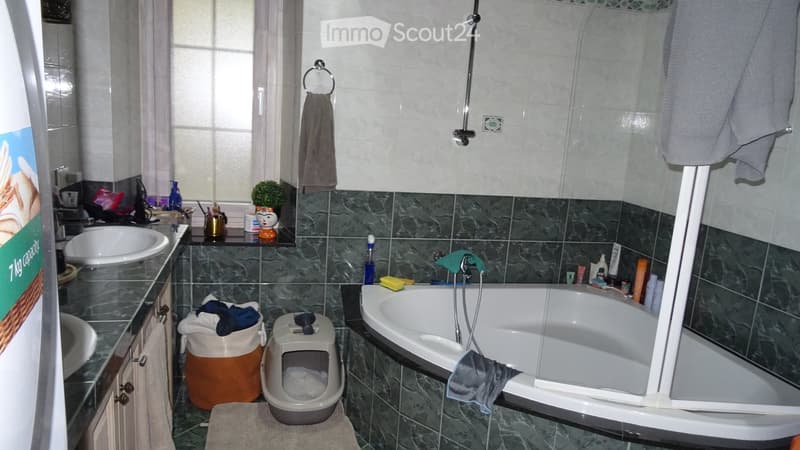 Bathroom with a bathtub, sink, toilet, towel rack, shower enclosure, pet litter box, cabinet