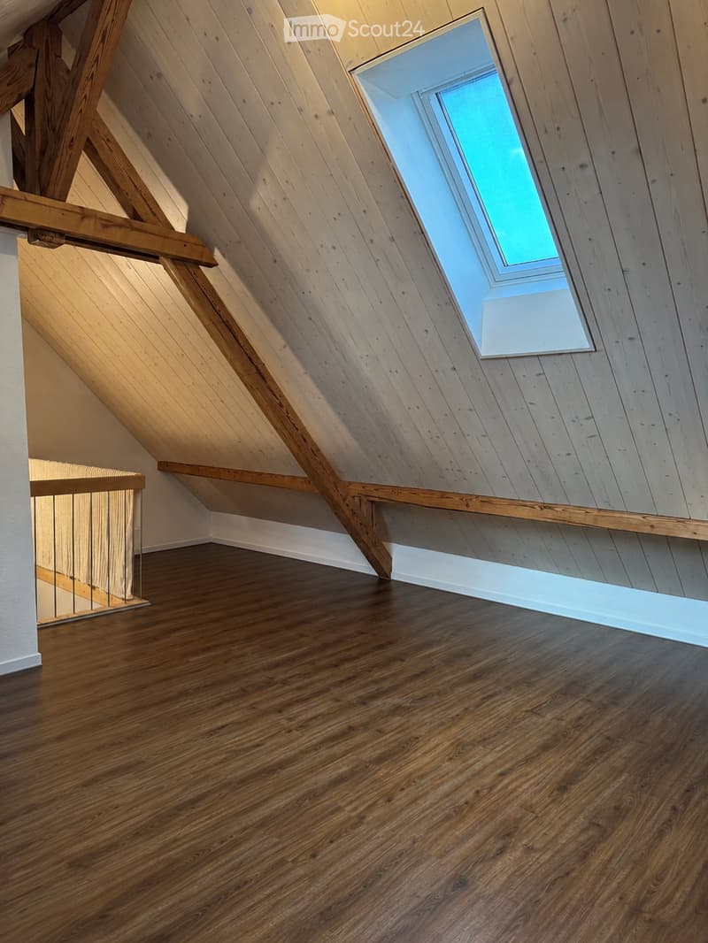 Empty attic space with wooden floors, exposed wooden beams, and a skylight window allowing natural light.