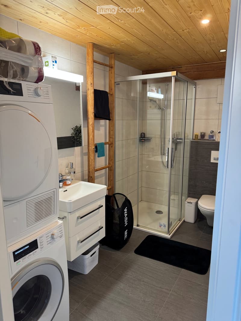 Modern bathroom with a washing machine, sink, toilet, glass-enclosed shower, and wooden beams on the ceiling.