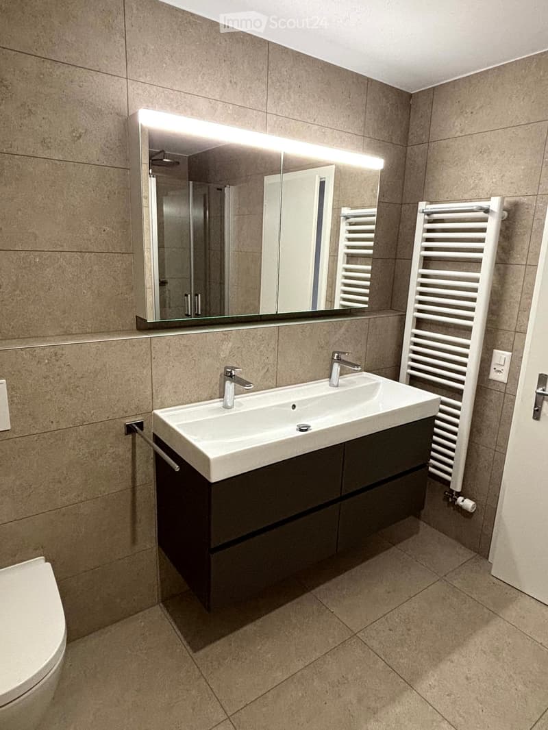 Modern bathroom with a double sink, large mirror with built-in lighting, dark wooden cabinet, and white radiator.