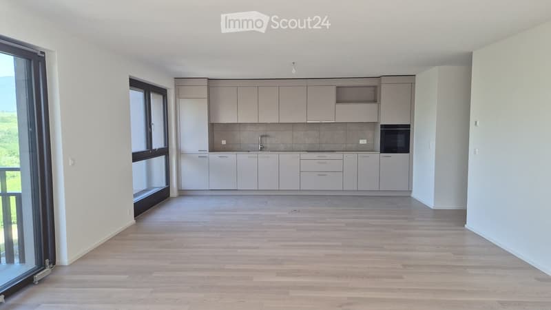 Empty kitchen with light grey cabinets, a sink, and a tiled backsplash. The space features wooden flooring and large windows offering a view of greenery.