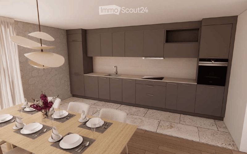 kitchen with gray cabinets, marble countertop, built-in oven, dining area with wooden table and chairs, chandelier