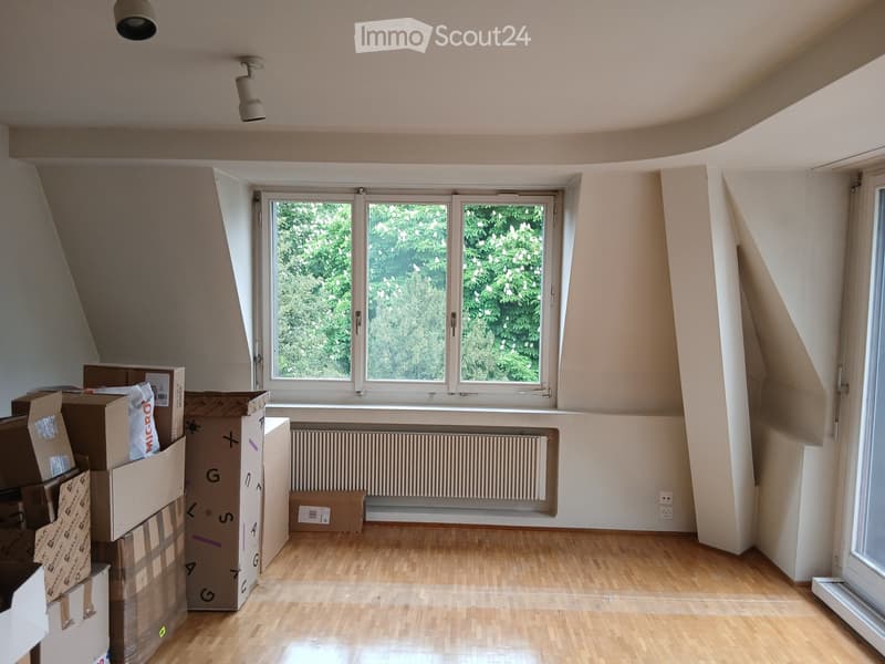 Empty room with wooden flooring, large window with three panes, radiator, and several cardboard boxes stacked near the window.