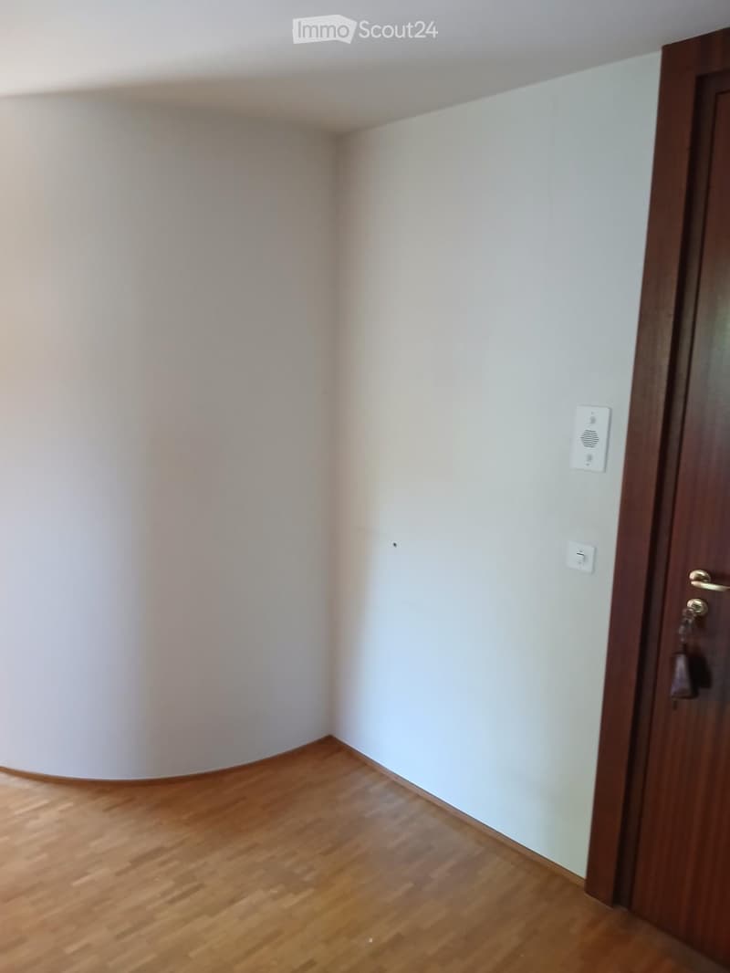 Empty room with light-colored walls and wooden flooring, featuring a closed wooden door on the right side.