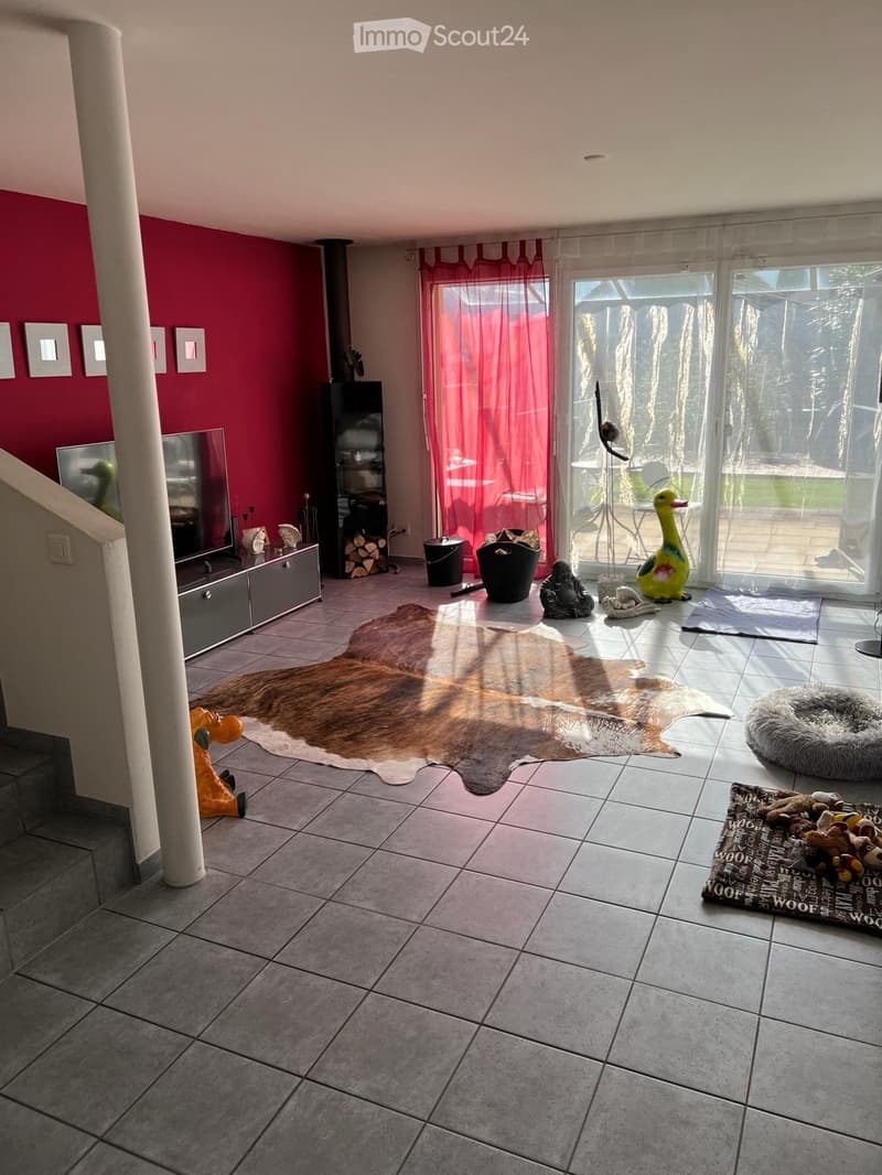 Furnished Room. Bright living room with tiled floor, large window with red curtains, television, cabinet, and various decorative items including a cowhide rug and toys.