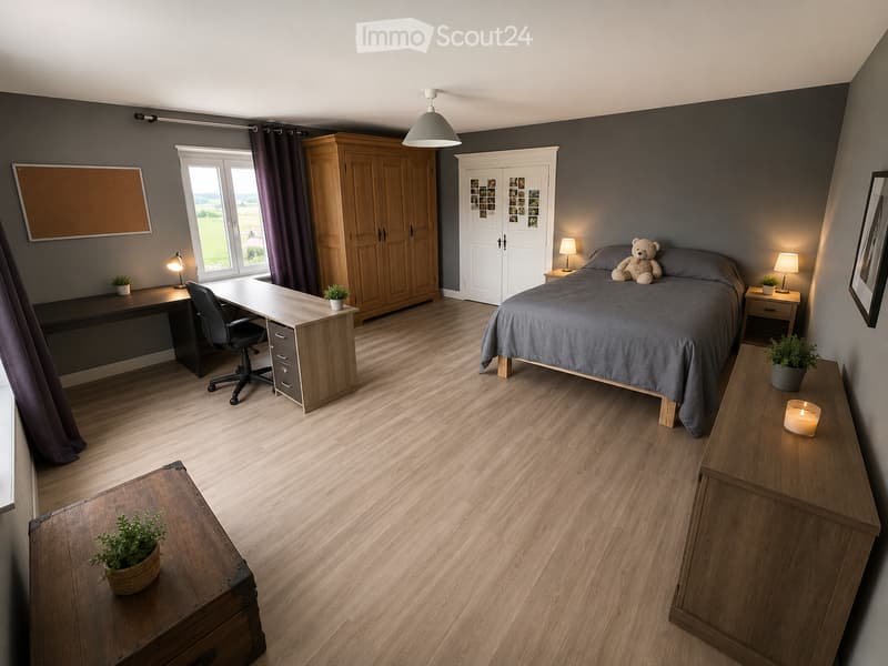 Bedroom. Modern bedroom with a large bed, wooden floor, desk with chair, wardrobe, nightstands with lamps, and decorative plants.