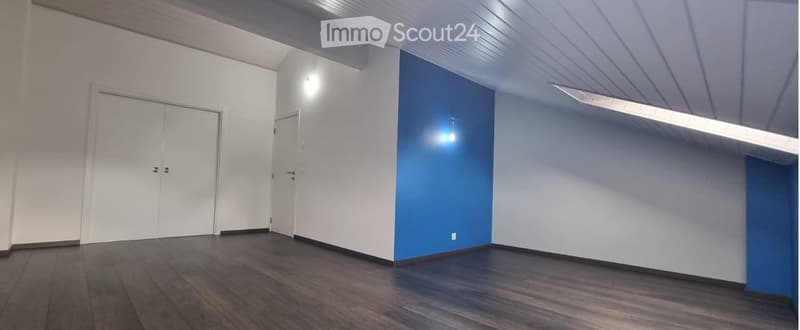 Empty room with white walls, dark wooden floor, and two doors.