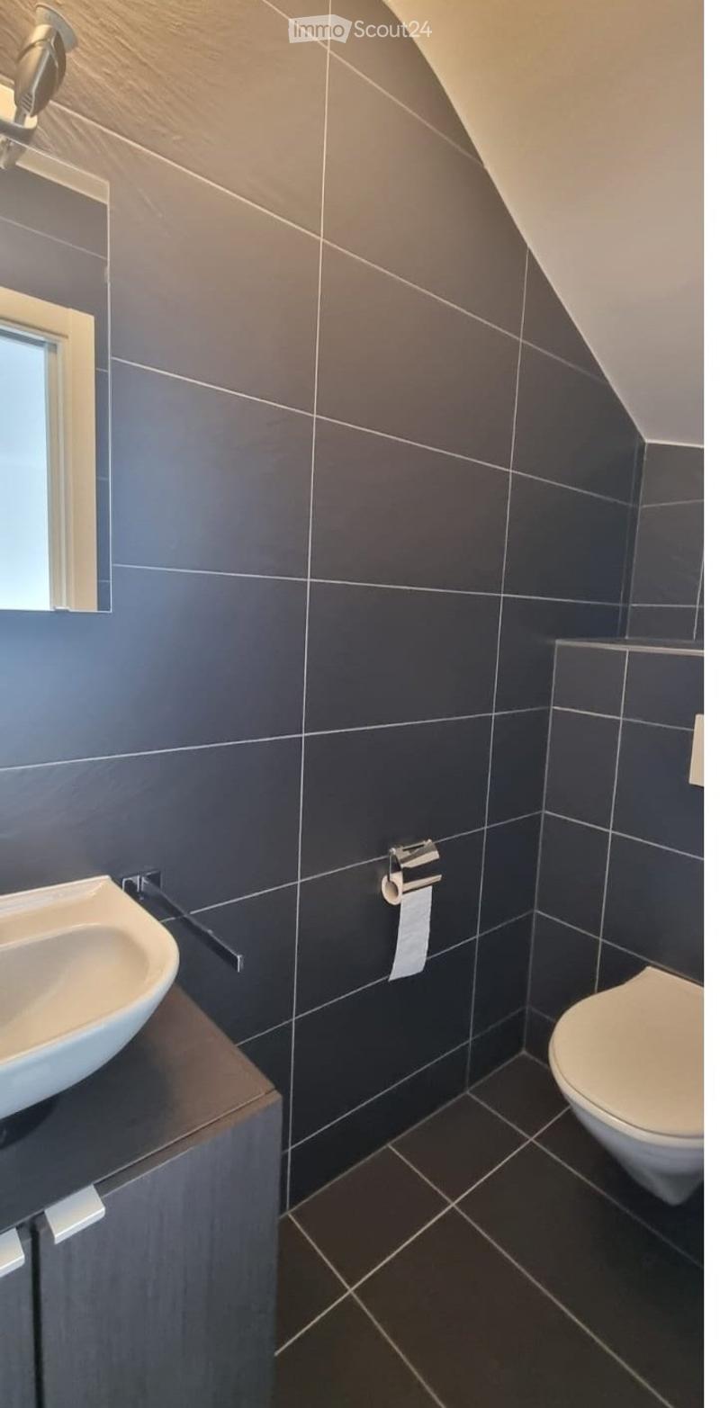 Modern bathroom with dark grey tiles, a white sink, a toilet, and a mirror above the sink.