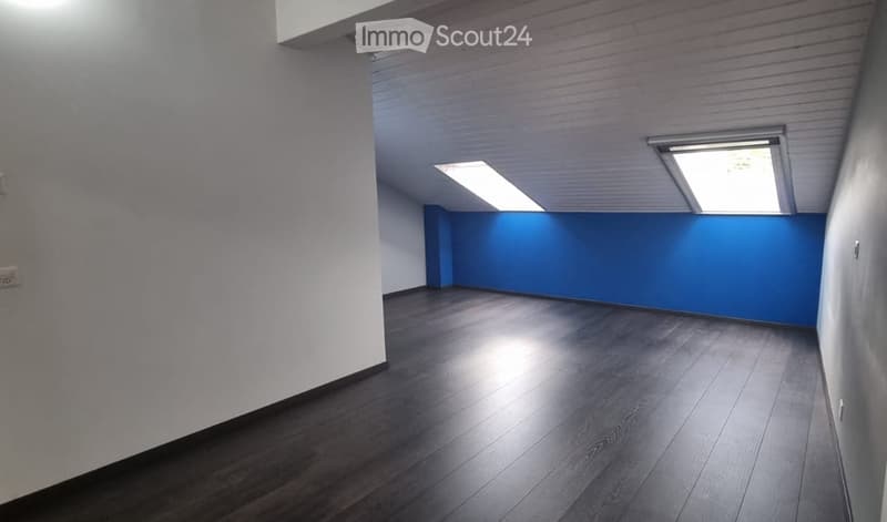 Empty room with wooden flooring, white walls, and blue accent wall. Two skylights provide natural light.