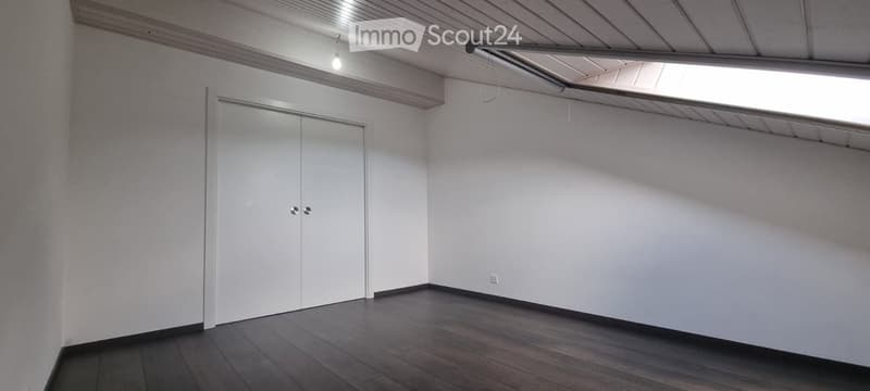 Empty room with white walls, dark wooden flooring, and a white sliding door.