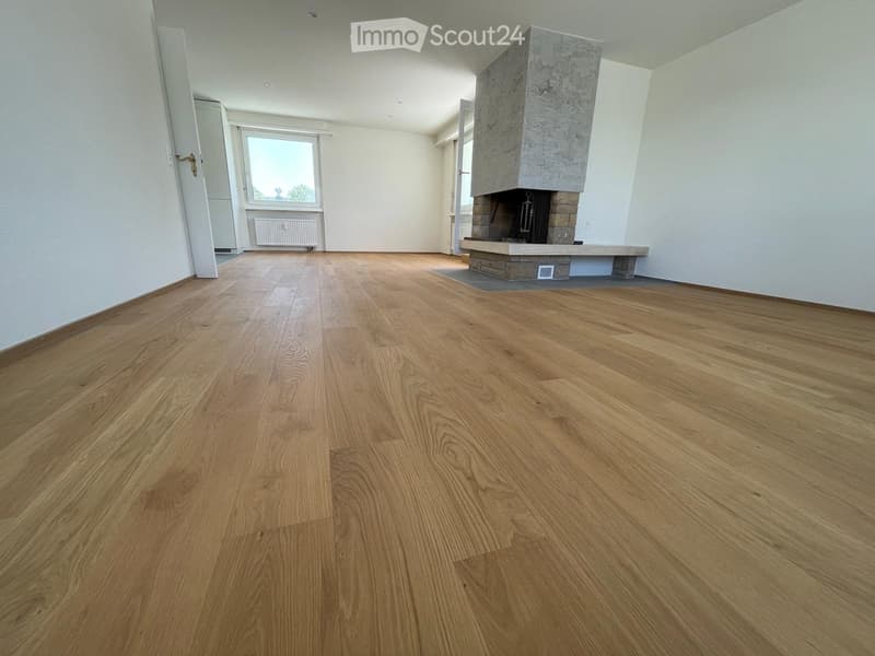 Empty room with light wooden flooring, white walls, and a fireplace with a stone surround.