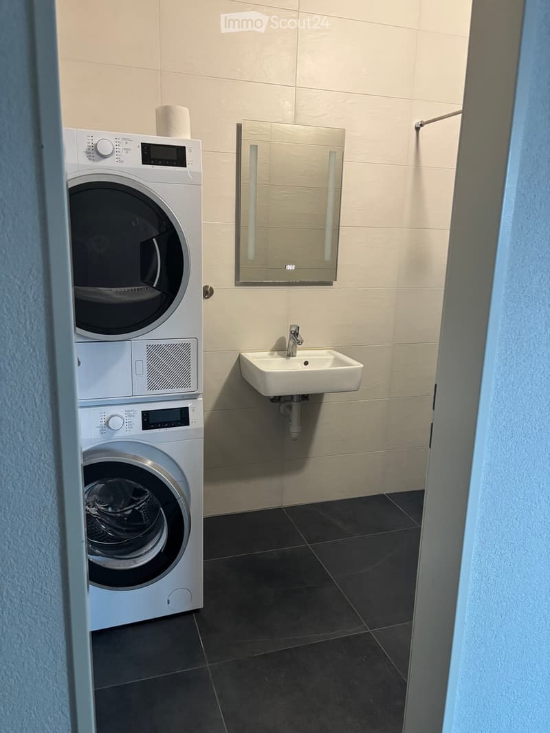 Bathroom. Modern bathroom with a white washing machine, a sink, and a mirror. The walls are tiled in light beige, and the floor is dark grey.