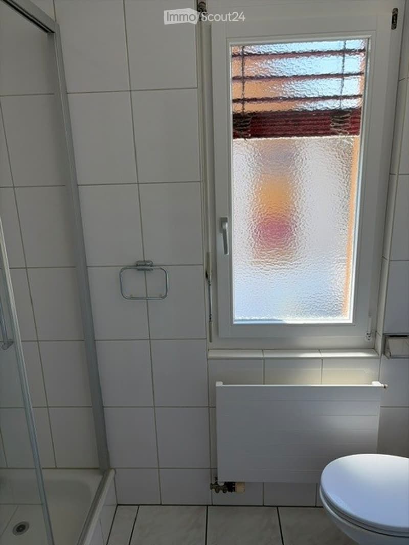 Modern bathroom with white tiled walls and floor, a frosted window, a toilet, a shower area, and a radiator below the window.