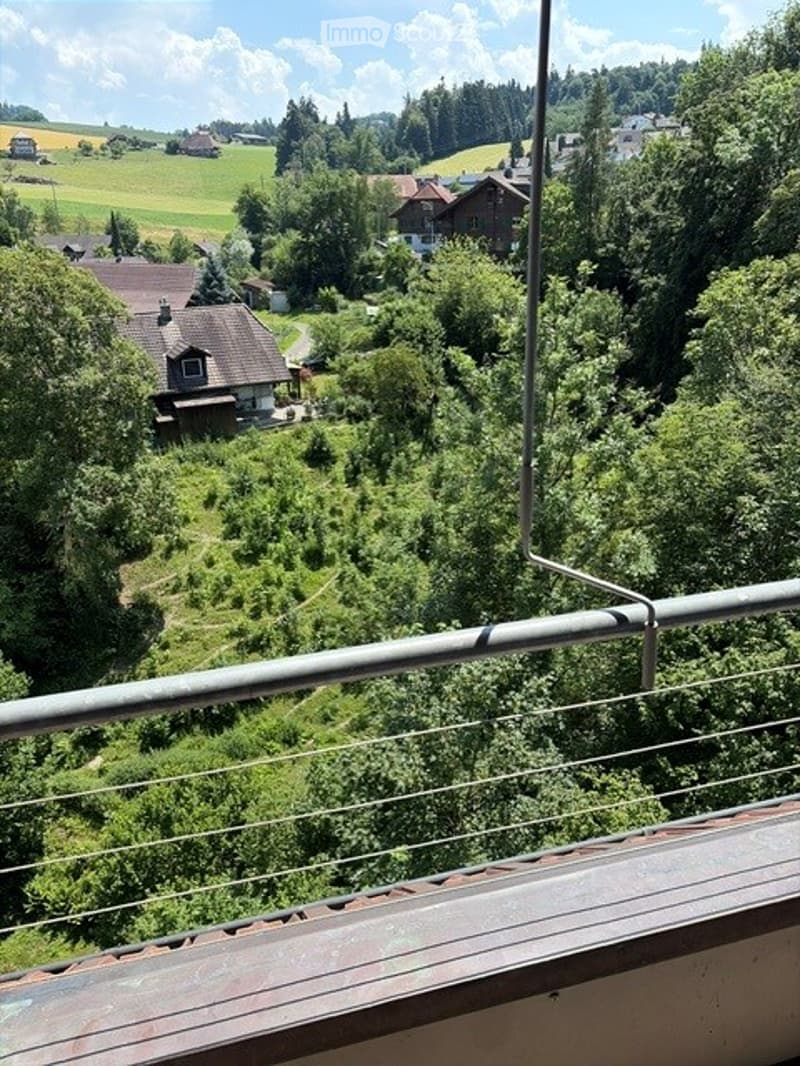 Balcony overlooking a lush, green valley with scattered houses and trees under a partly cloudy sky.