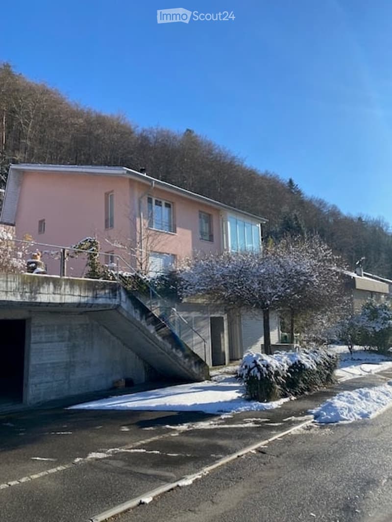 Pink house, two stories, garage under raised ground floor, winter surroundings